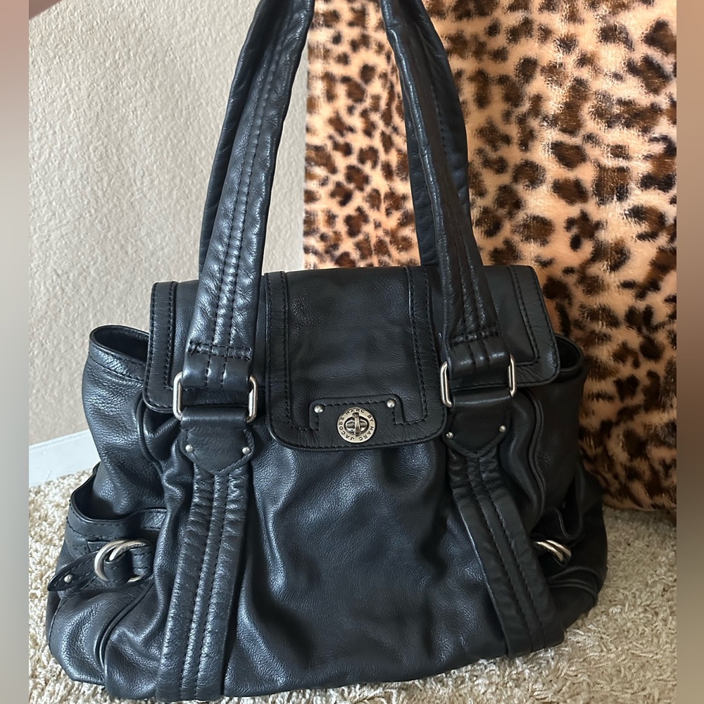Marc By Marc Jacobs Satchel Shoulder Bag Purse Handbag Black Leather Fold Over